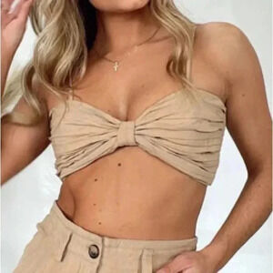 NWT Mabel Lead Me to the Beach Crop Top Tan Spaghetti Strap Smocked Shirt